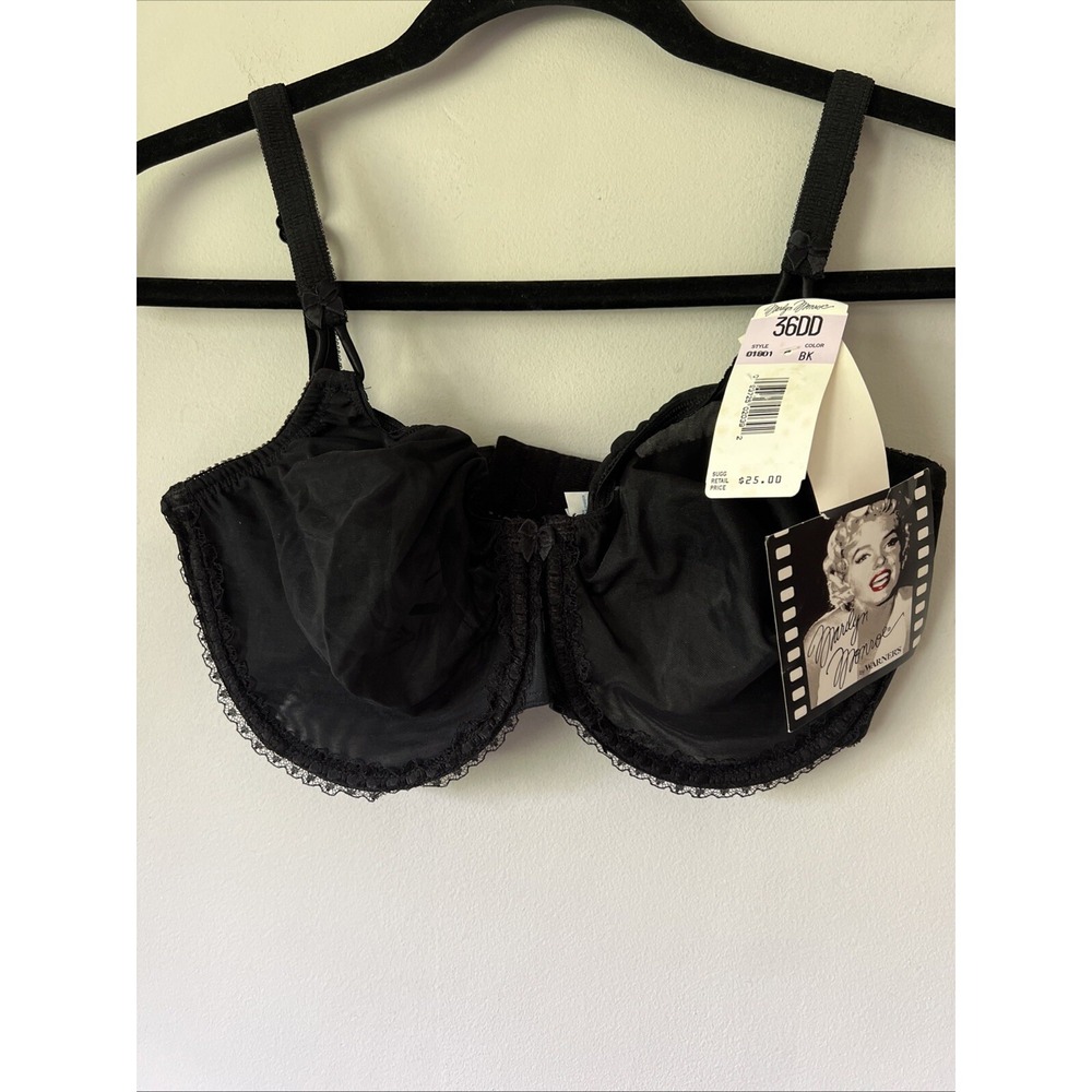 Vintage Marilyn Monroe Warner's 90s Black Sheer Mesh & Lace Bra Underwire 36DD